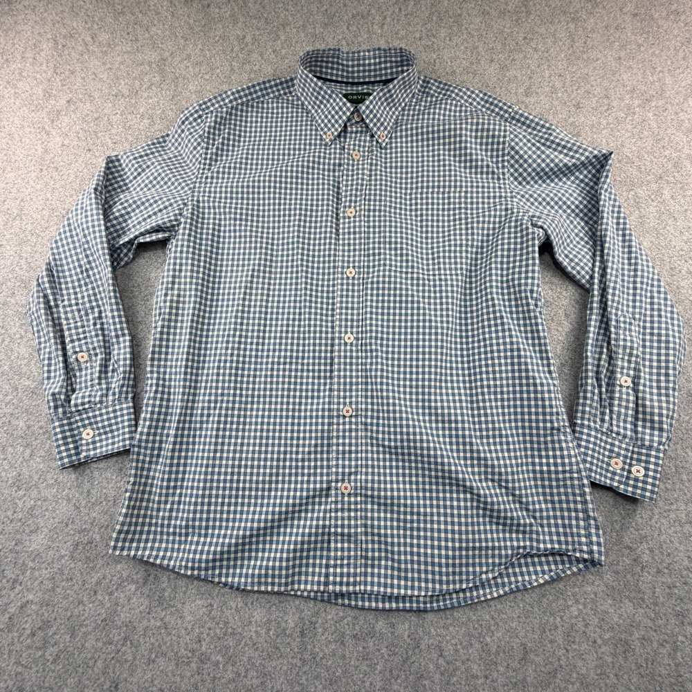 Orvis Mens Active Fit Gingham Button Down Shirt Blue White Cotton Large L